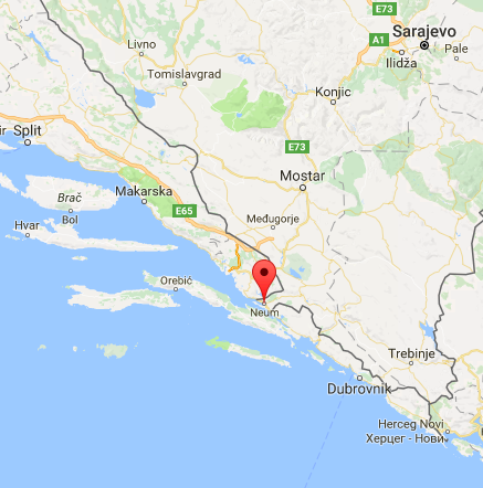 Google Skärmdump av den bit av Bosnien Hercegovina, Neum-regionen, som går genom Kroatien för att få tillgång till kusten.