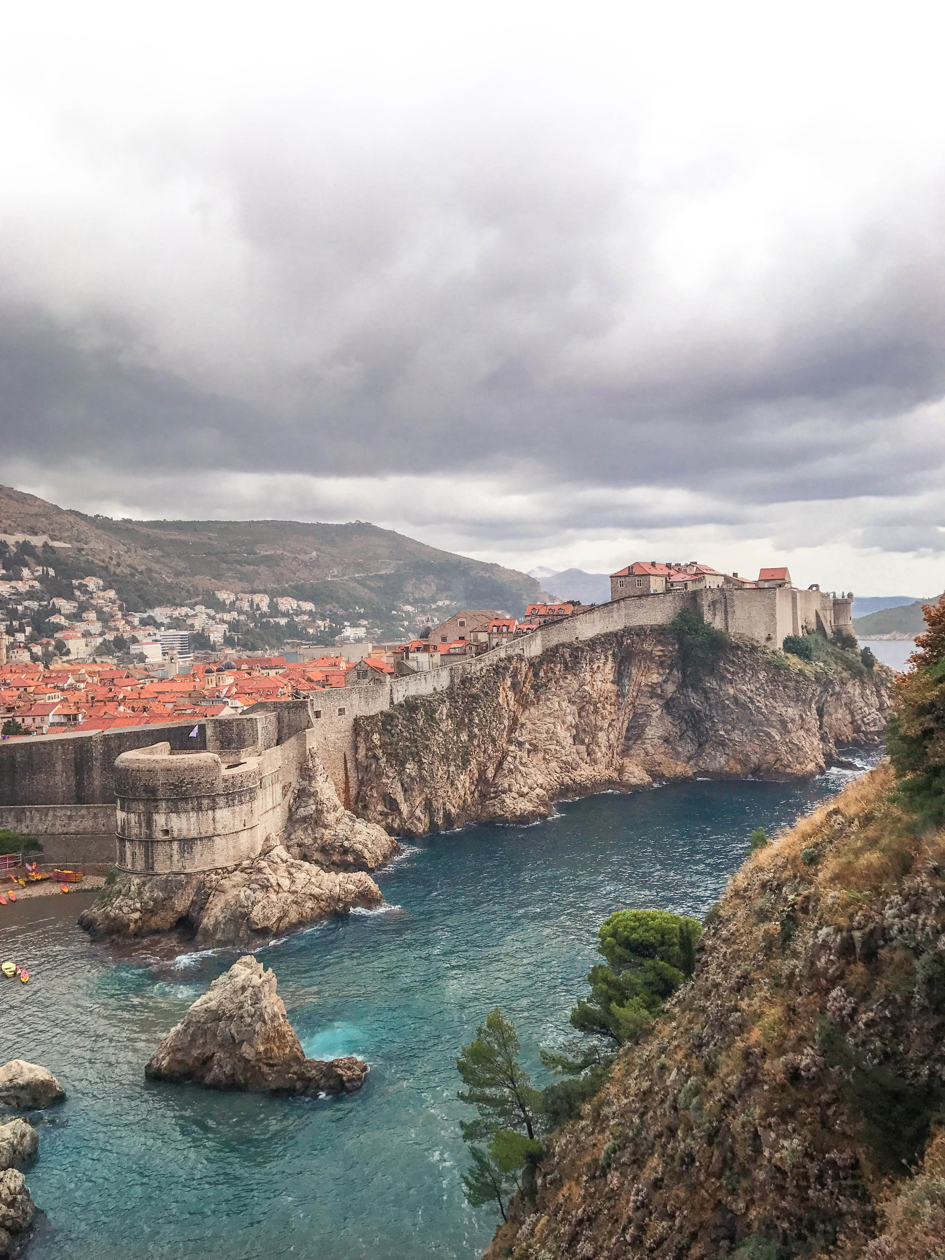 View looking back at Dubrovnik Old City from Fort Lovrijenac. Many scenes fro Game of Thrones were filmed in the bay below. 